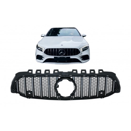 Μπροστινή μάσκα κατάλληλη για Mercedes A-Class W177 Hatchback V177 Sedan (04.2018-2022) Mesh GT-R Panamericana Design Μαύρο Χρώμιο χωρίς κάμερα